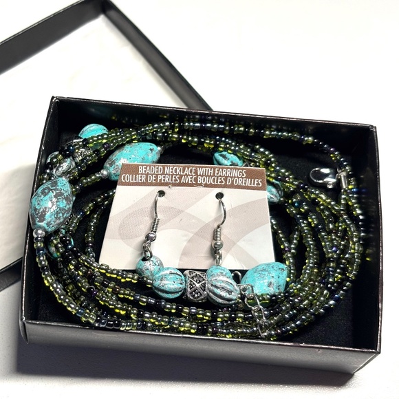Set of beaded necklace and earrings - aqua, black and silver - Picture 1 of 4